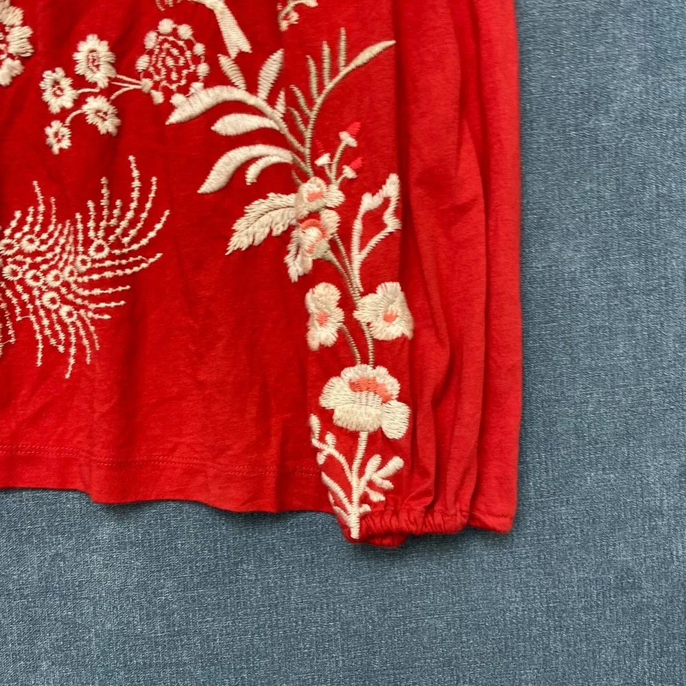 Johnny Was Ellia Top Womens Small Red Puff Sleeve Embroidered Floral Round Neck